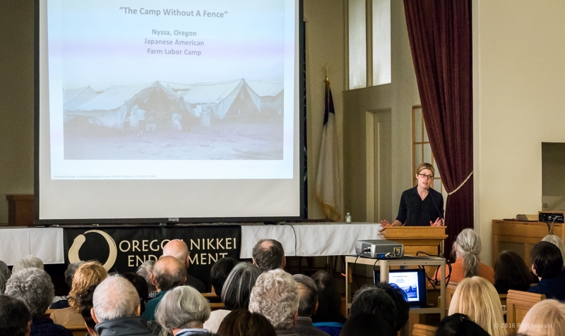 Morgen Young spoke about the history of the Nyssa camp. © 2016 Rich Iwasaki